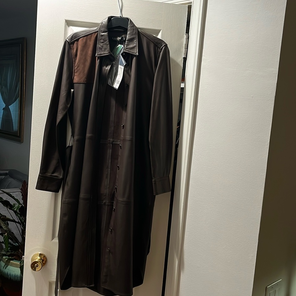 Ralph Lauren Chocolate Brown 100% Leather and Suede Coat Dress NEW